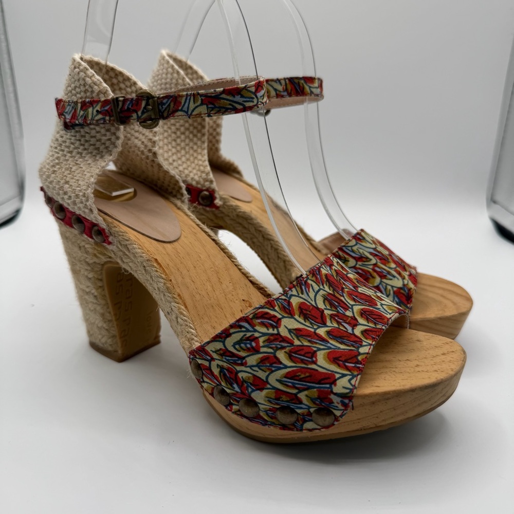 RAS Spain Floral Platform Espadrille Sandals Wood Heel Boho Size 7